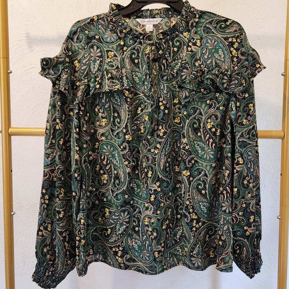 Counterparts Paisley Blouse Size S Green Ruffle Tie Neck Long Sleeve